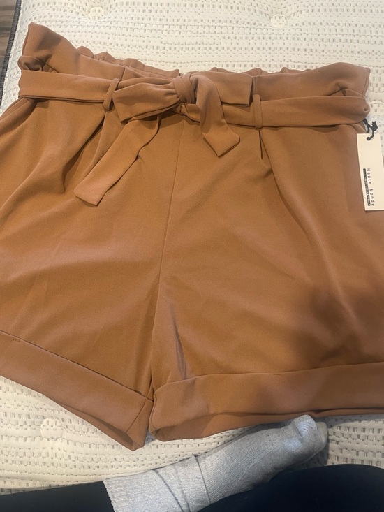 Haute Monde Pants - Haute Monde High-Waist Paperbag Shorts in Camel Brown